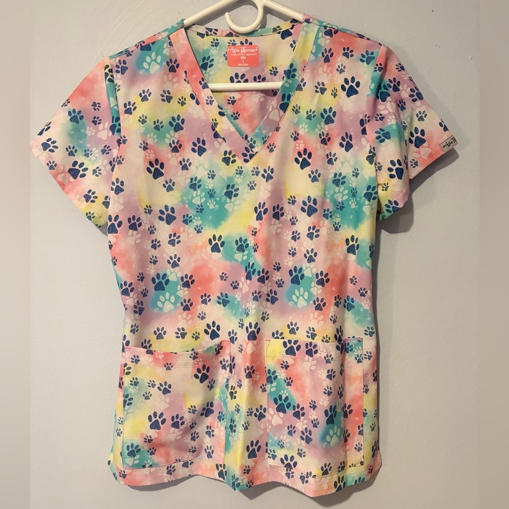 Colorful Paw Print Scrub Top